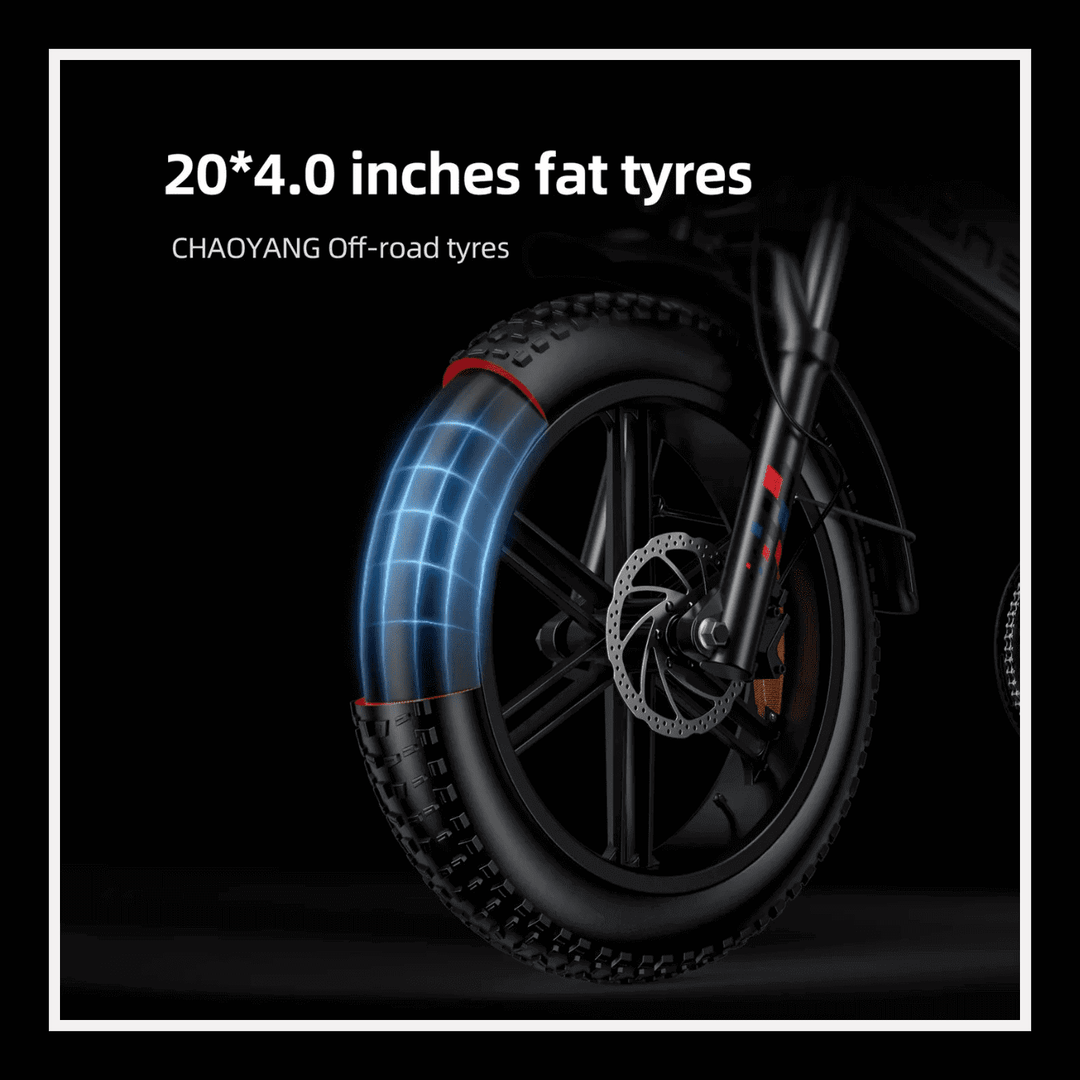 Close-up of 20" x 4.0" CHAOYANG off-road fat tyres for ENGWE Engine X Electric Bike.