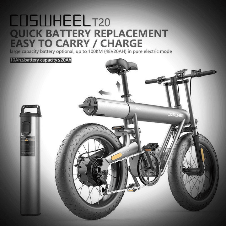 COSWHEEL T20 electric bike featuring quick battery replacement and easy carrying options.