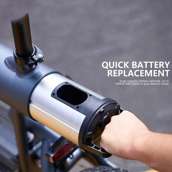 COSWHEEL T20 electric bike quick battery replacement feature for easy and efficient battery swapping.