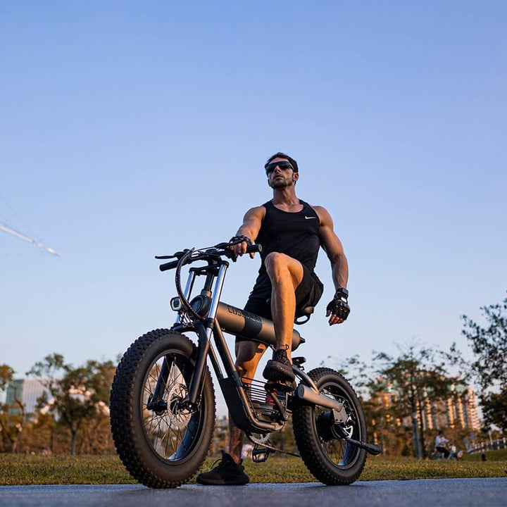 Man riding the COSWHEEL T20 electric bike in an outdoor park during sunset.