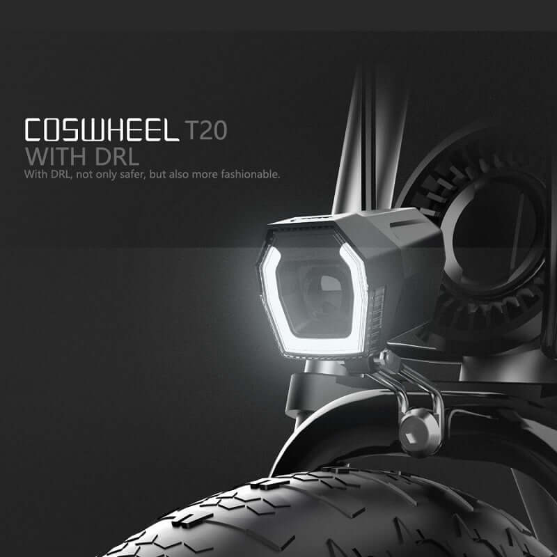 COSWHEEL T20 electric bike with DRL showcasing stylish headlights and strong tire design.