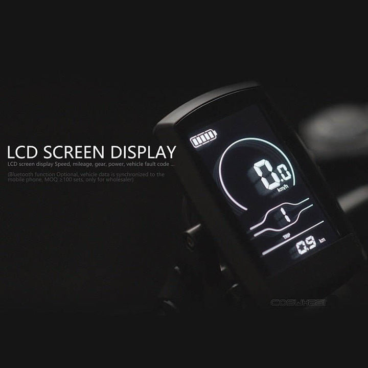 LCD screen display for COSWHEEL T20 electric bike showing speed, mileage, and gear indicators.
