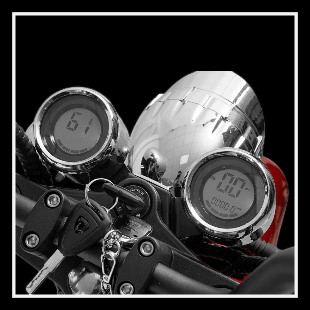 Close-up of EAHORA MP1 two-seat electric motorcycle dashboard with speed and battery display.