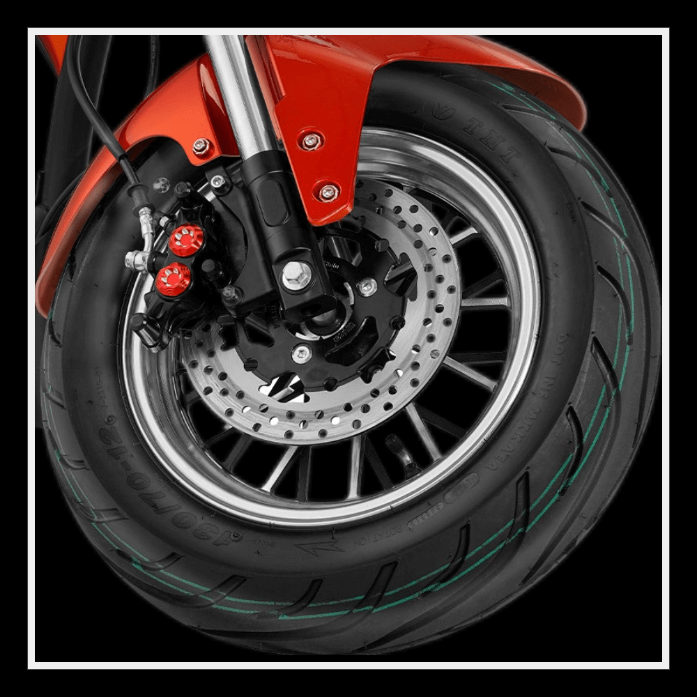 EAHORA MP1 two-seat electric motorcycle front wheel and brake details.