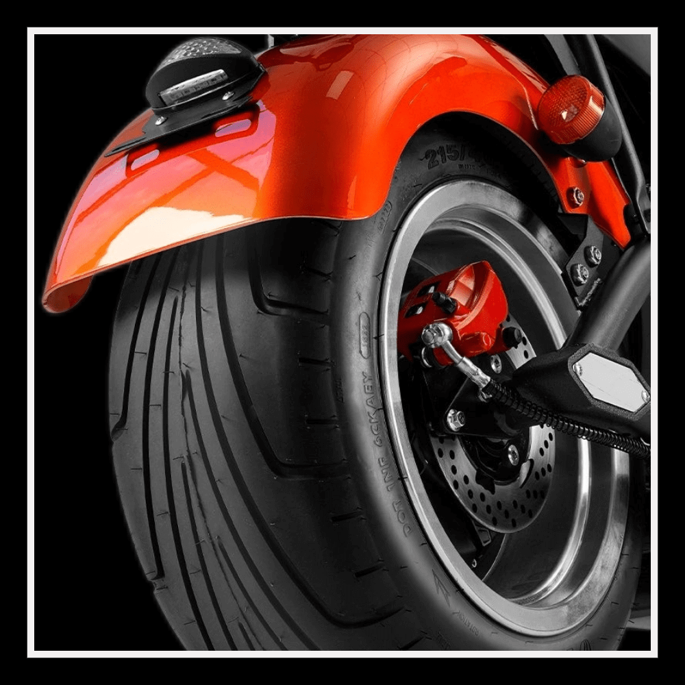 Close-up of the rear wheel and fender of the EAHORA MP1 two-seat electric motorcycle.