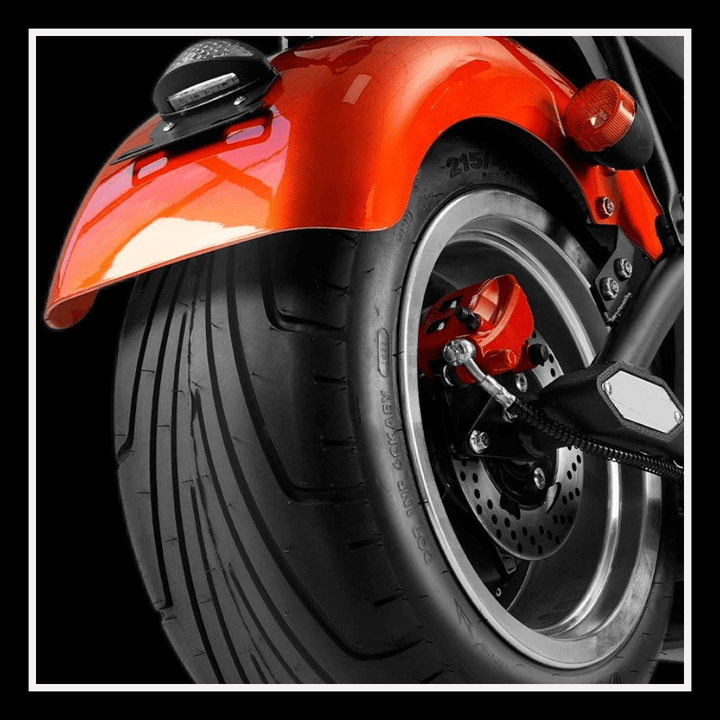 Close-up of the rear wheel and fender of the EAHORA MP1 two-seat electric motorcycle.