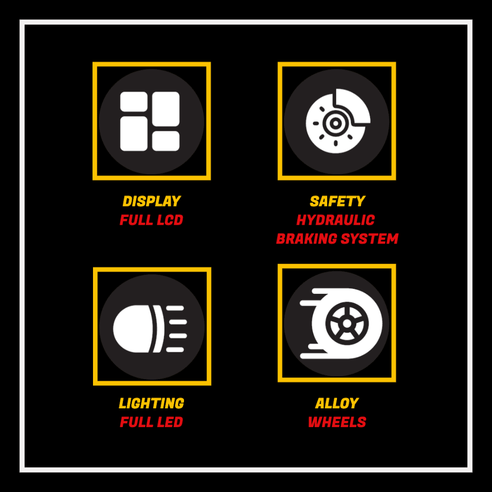 Features of EAHORA MP1 two-seat electric motorcycle including full LCD display, hydraulic braking system, full LED lighting, and alloy wheels.