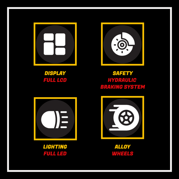 Features of EAHORA MP1 two-seat electric motorcycle including full LCD display, hydraulic braking system, full LED lighting, and alloy wheels.