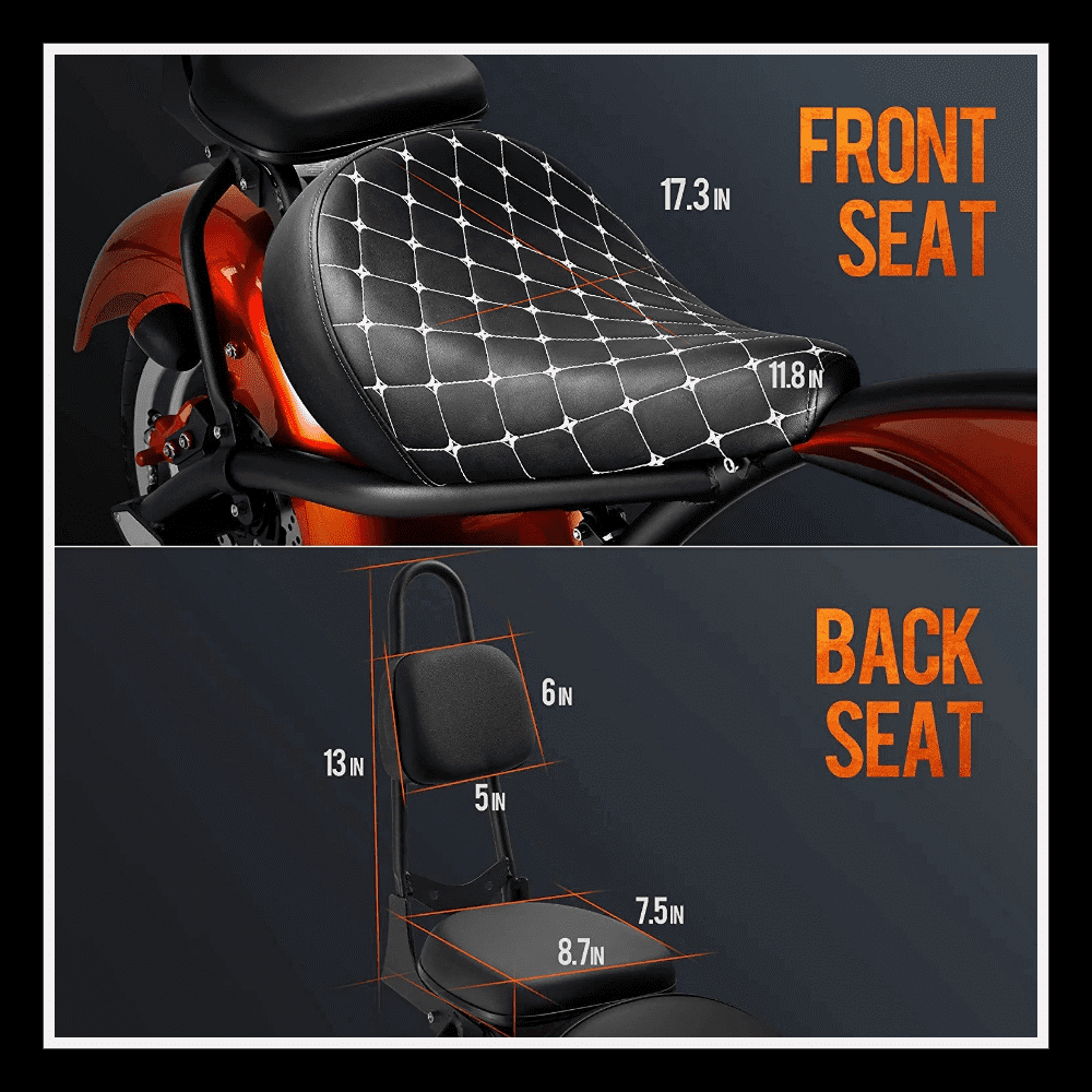 EAHORA MP1 two-seat electric motorcycle seat dimensions showing front and back seat measurements in inches
