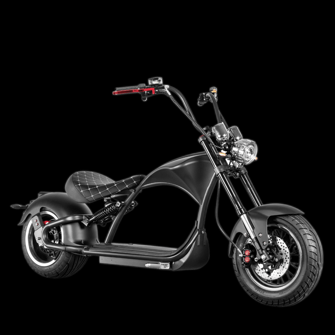 EAHORA M1P PLUS electric motorcycle showcased in sleek black design with a modern chopper style.