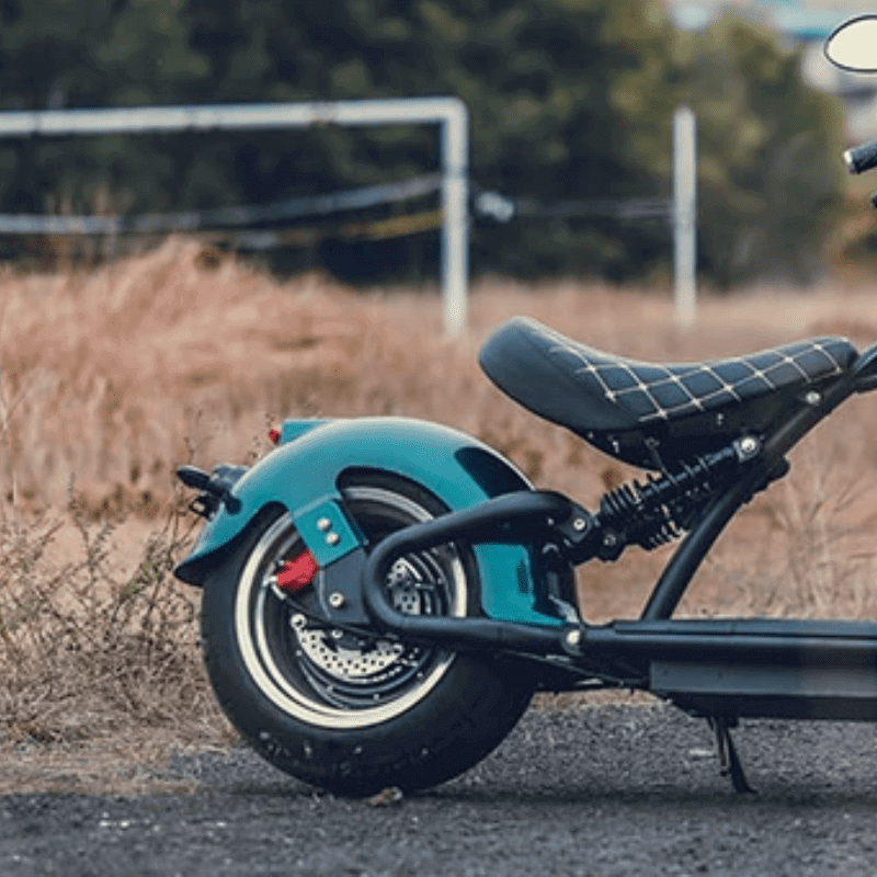 EAHORA M1P PLUS electric motorcycle rear wheel and seat design in a natural setting.