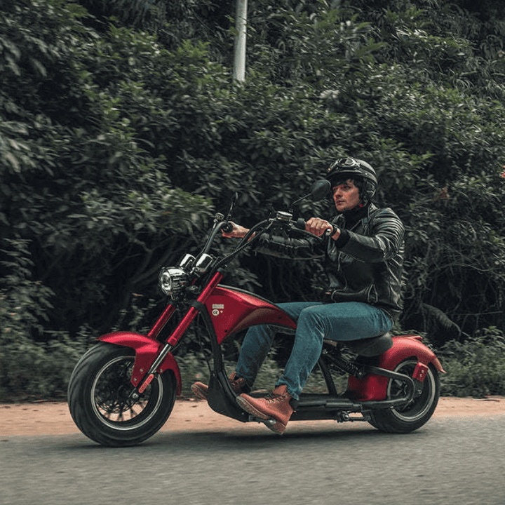 Rider enjoying the EAHORA M1P PLUS electric motorcycle on a scenic road surrounded by greenery.