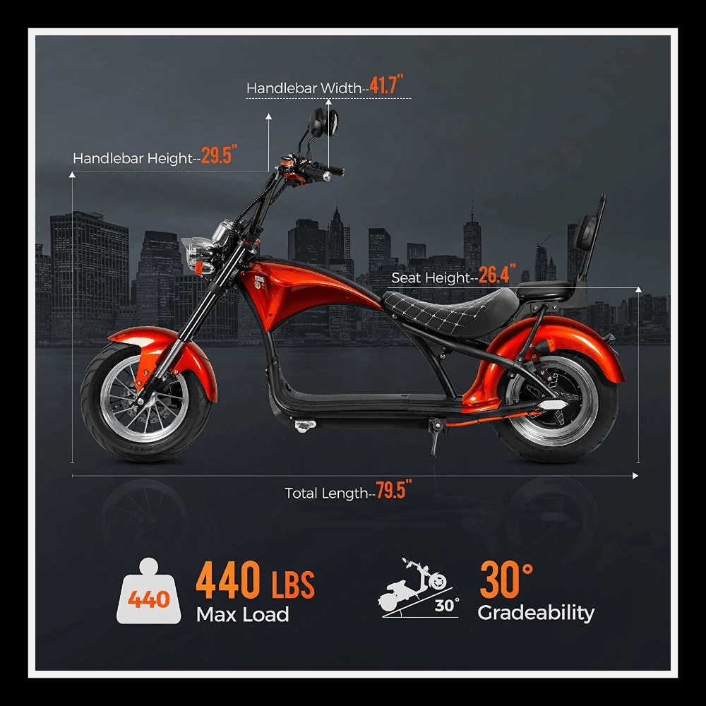 EAHORA MP1 two-seat electric motorcycle specifications including dimensions and load capacity.