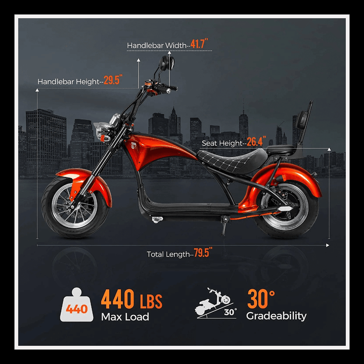 EAHORA MP1 two-seat electric motorcycle specifications including dimensions and load capacity.