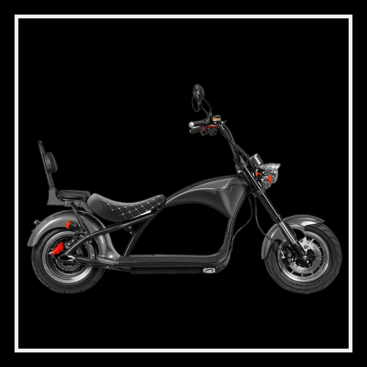 EAHORA MP1 two-seat electric motorcycle side view showcasing its Harley-style design and sleek features.