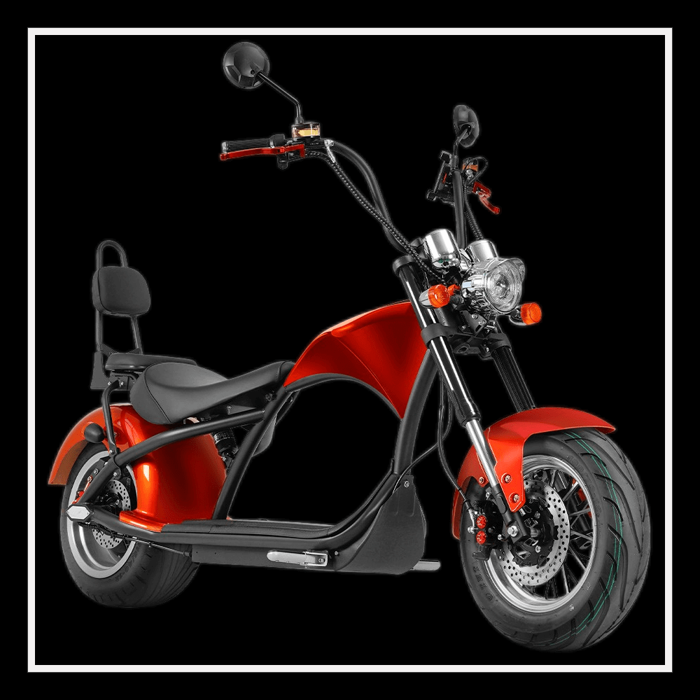 EAHORA MP1 two-seat electric motorcycle in glossy red finish with a stylish Harley-like design.