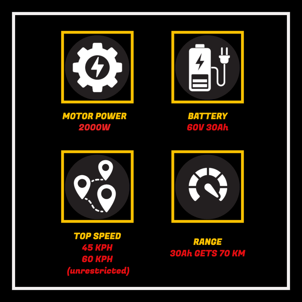 EAHORA MP1 two-seat electric motorcycle specifications including motor power, battery, top speed, and range.