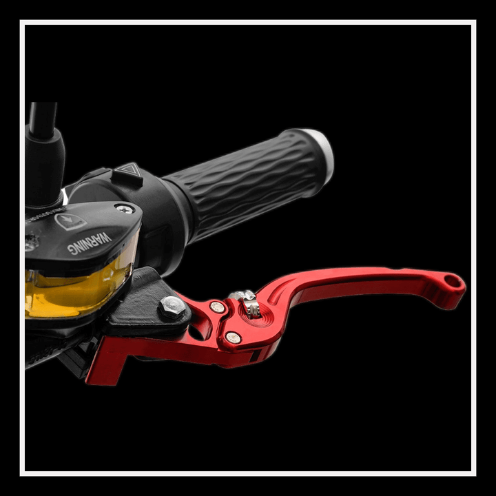 Close-up of the throttle handlebar and red brake lever of the EAHORA MP1 two-seat electric motorcycle