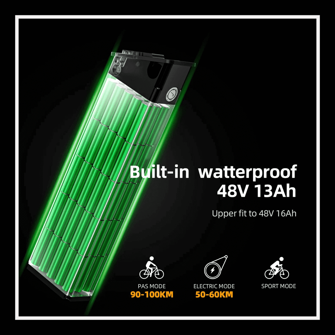 Built-in waterproof battery for ENGWE Engine X Electric Bike, 48V 13Ah, providing long-range power for PAS, electric, and sport modes.