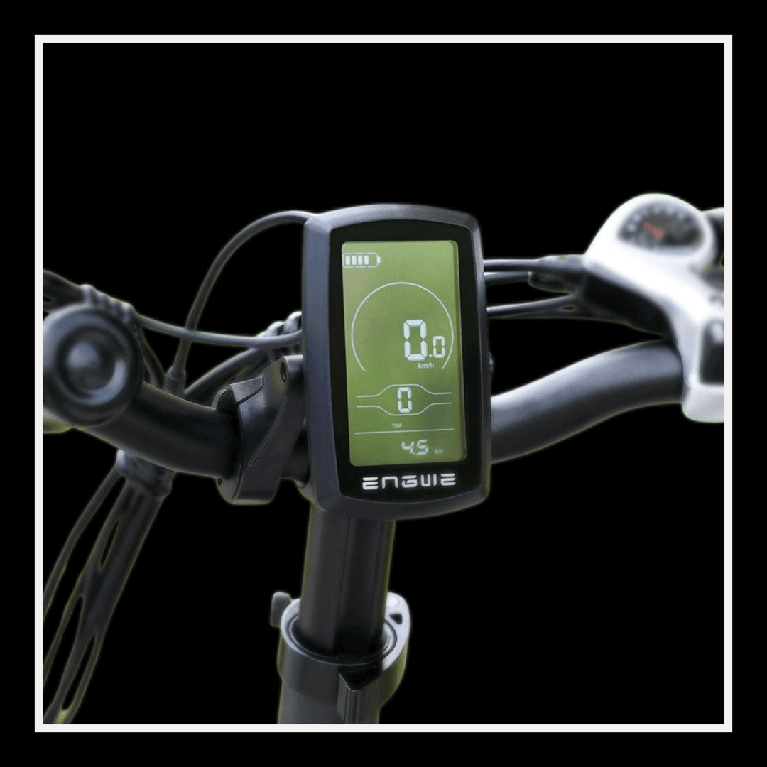 Display screen of ENGWE Engine X Electric Bike showcasing speed and battery level.