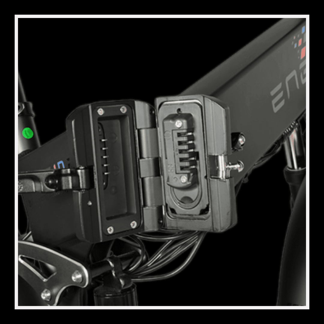 Engwe Engine Pro 2.0 electric bike folding mechanism showing hinge and locking system