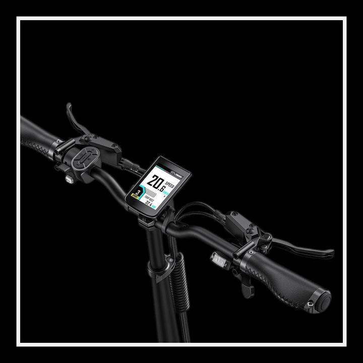 Engwe Engine Pro 2.0 electric bike handlebar display showing speed and battery information.
