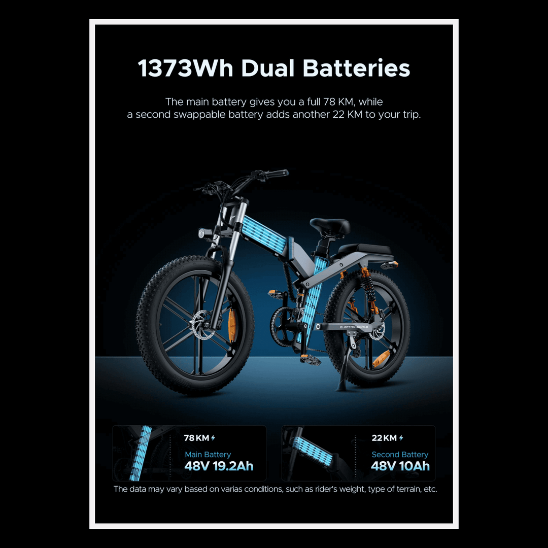 Engwe X26 electric bike with dual batteries providing 78 KM and 22 KM range for all-terrain adventures.