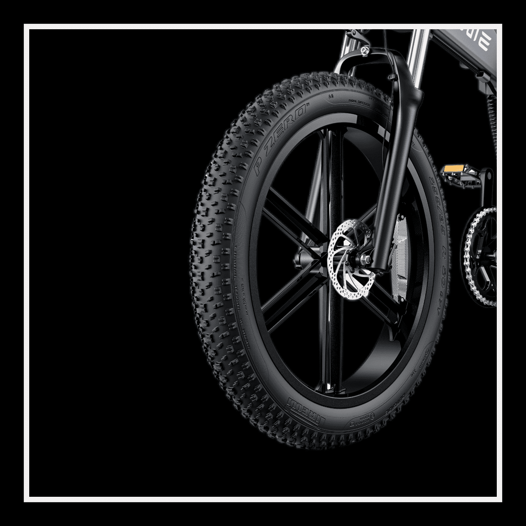 Engwe X26 electric bike close-up of fat tire and wheel design for all-terrain riding.