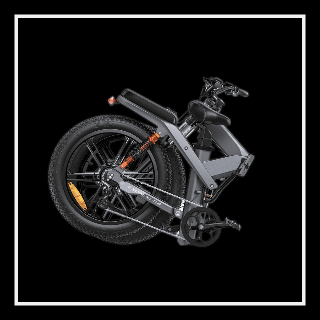 Engwe X26 electric bike folded for easy storage, showcasing its design and fat tires.