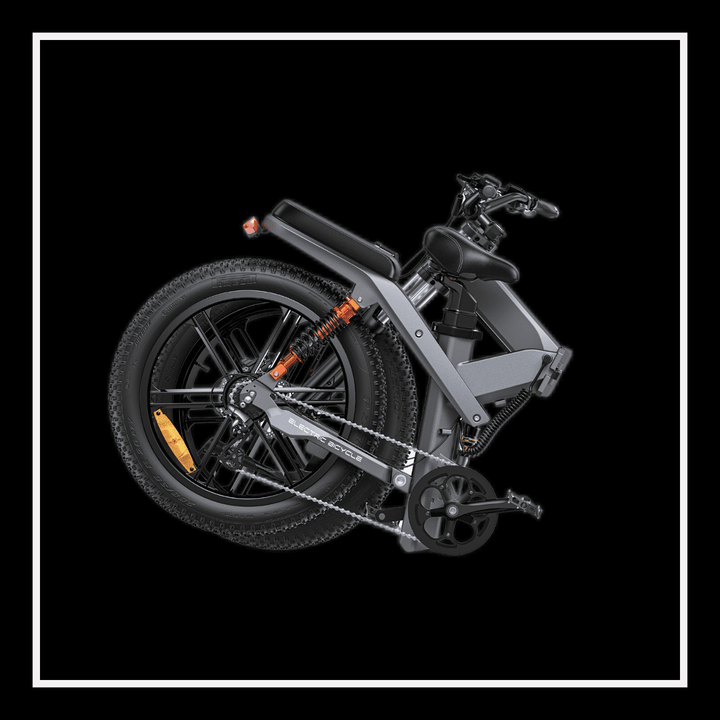 Engwe X26 electric bike folded for easy storage, showcasing its design and fat tires.