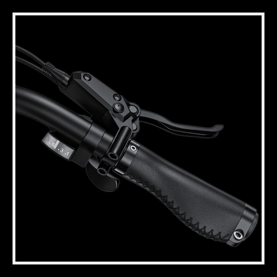 Close-up of the handlebar with grips and brake lever on the Engwe X26 electric bike.