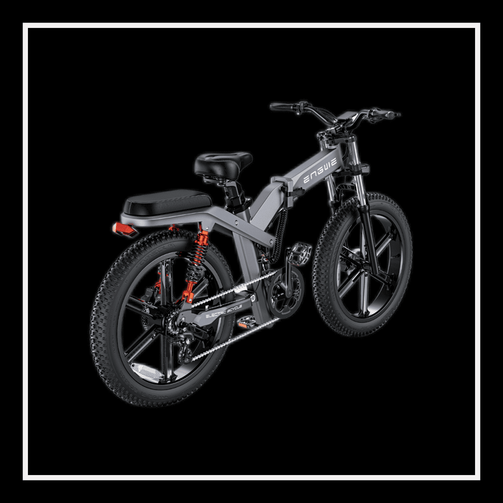 Engwe X26 electric bike featuring a sleek design with fat tires and triple suspension for all-terrain riding.