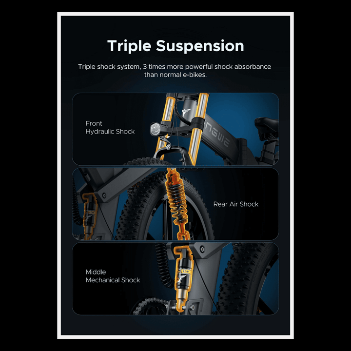 Engwe X26 electric bike triple suspension system showcasing front hydraulic, rear air, and middle mechanical shocks.