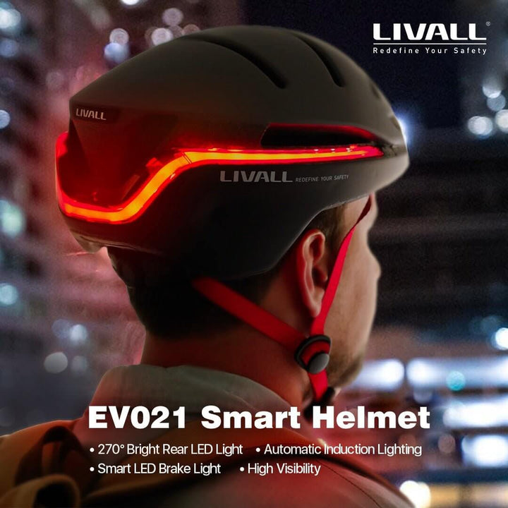 Smart bike helmet EVO21 with 270° bright rear LED light for enhanced visibility and safety.