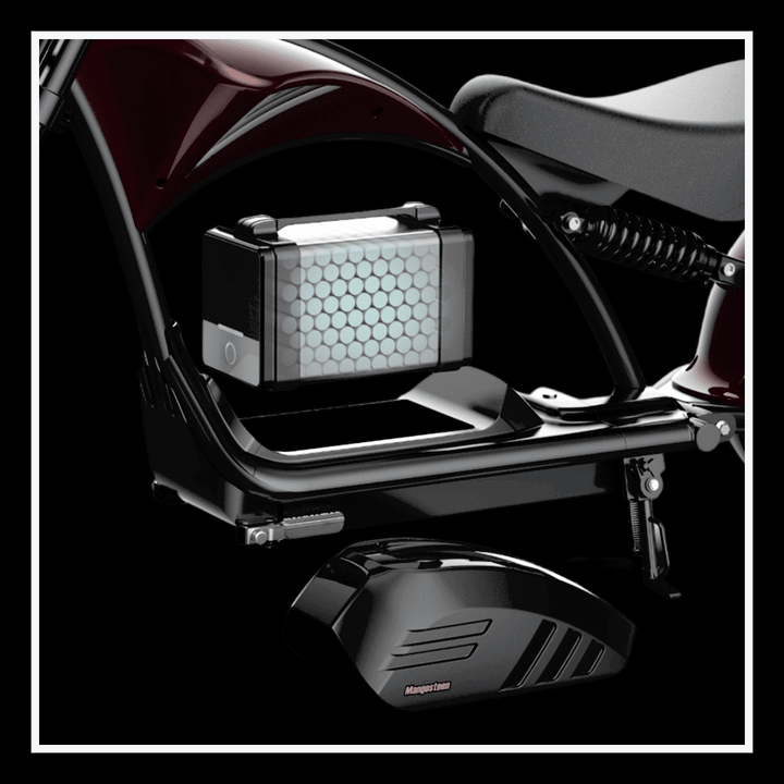 Battery compartment of INTHEZONE M1PS electric motorcycle showcasing its efficient design and technology.