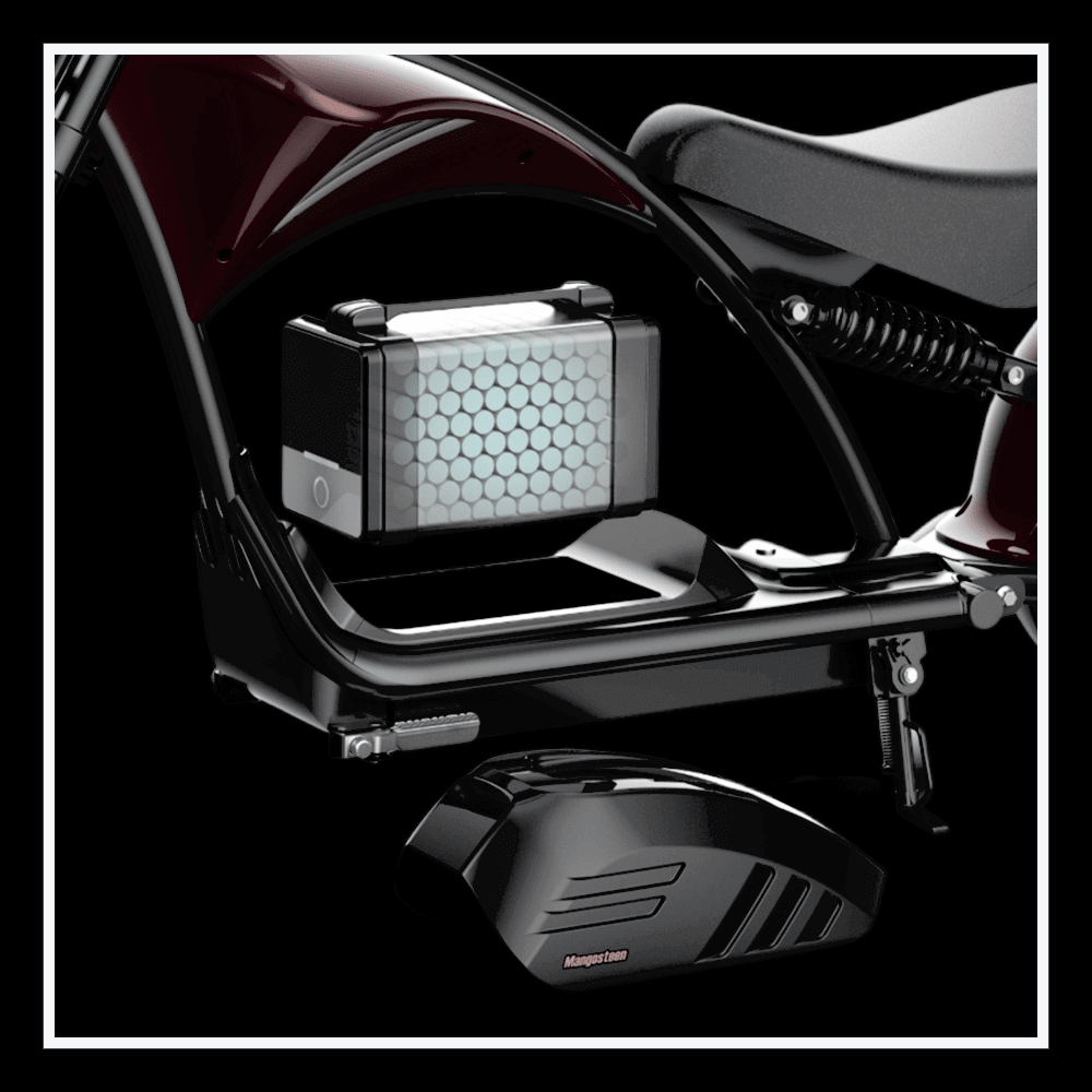 Battery compartment of INTHEZONE M1PS electric motorcycle showcasing its efficient design and technology.