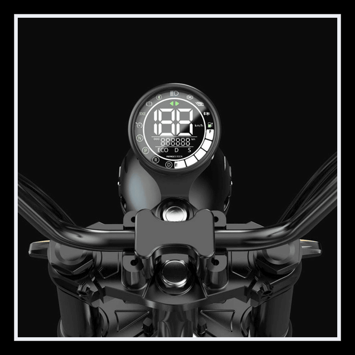 INTHEZONE M1PS electric motorcycle dashboard display showing speed and battery indicators