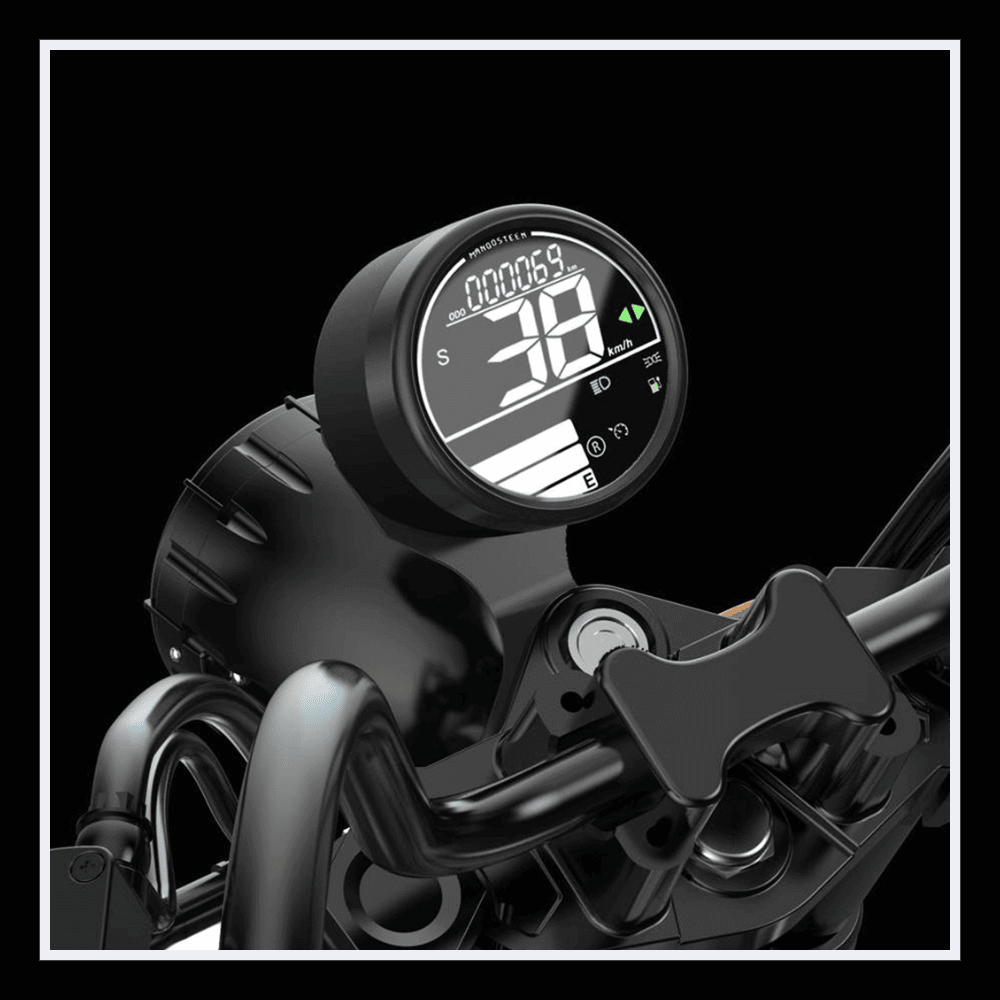 INTHEZONE M1PS electric motorcycle digital display showing speed and battery status.