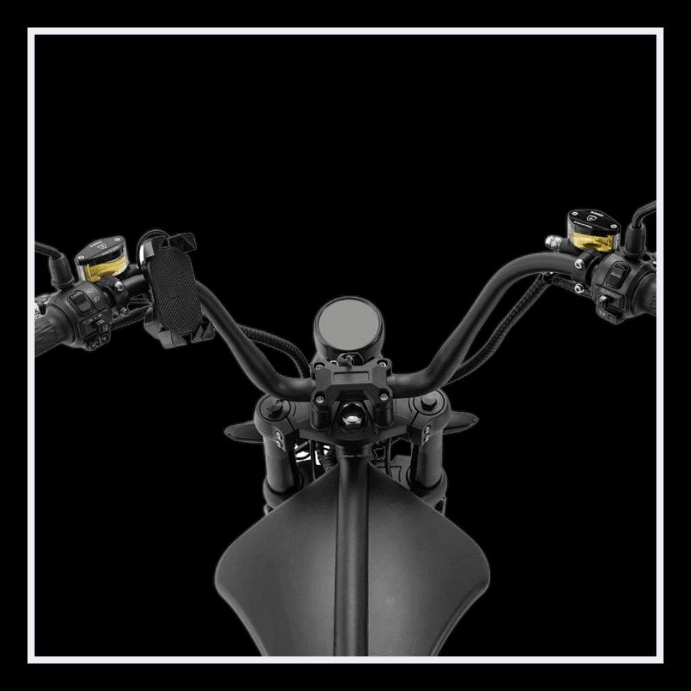 INTHEZONE M1PS electric motorcycle handlebar view with control levers and dashboard.