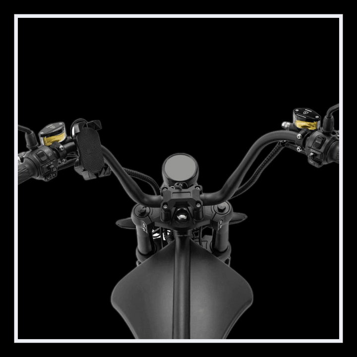 INTHEZONE M1PS electric motorcycle handlebar view with control levers and dashboard.