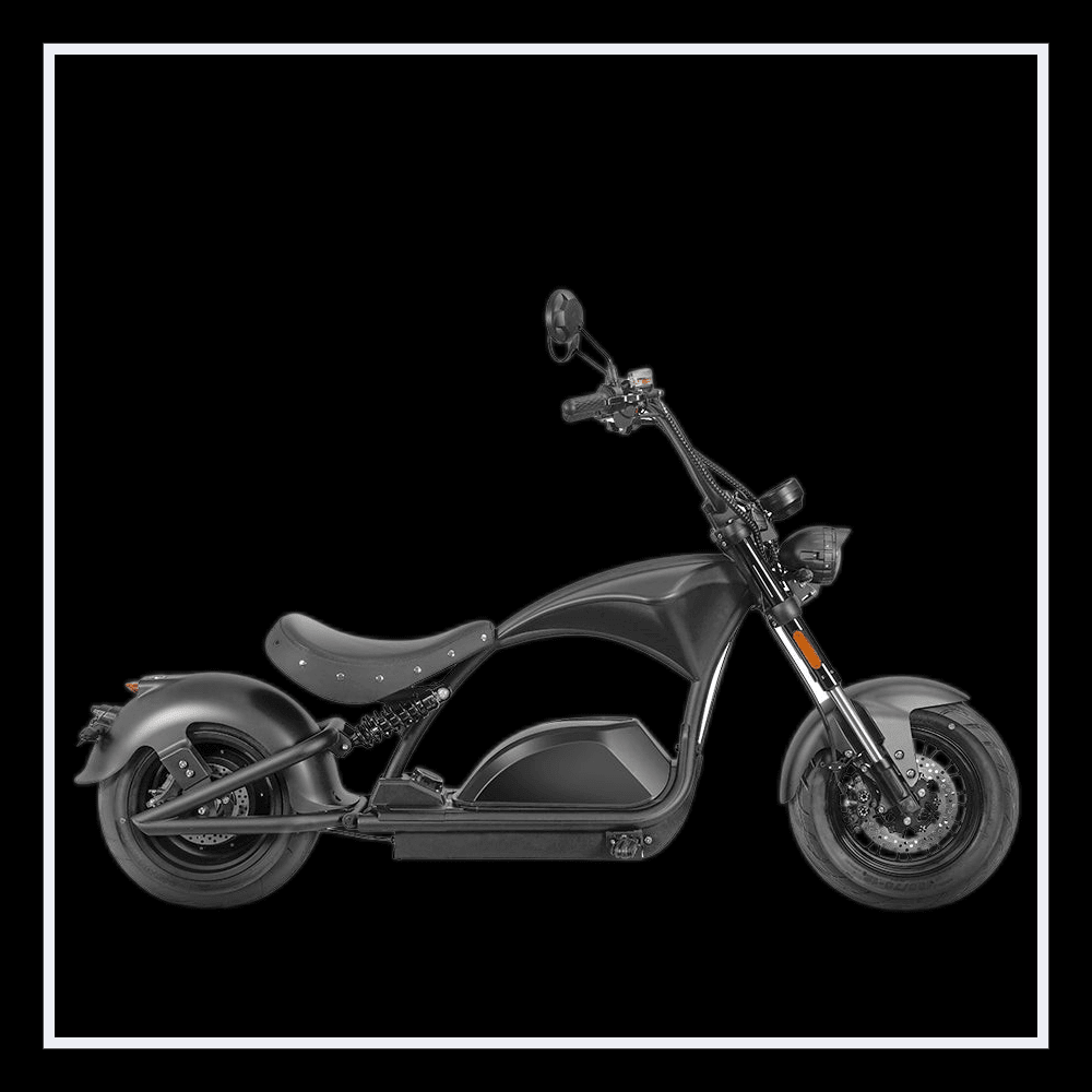 INTHEZONE M1PS electric motorcycle in sleek black design, showcasing Harley-style chopper features and modern aesthetics.