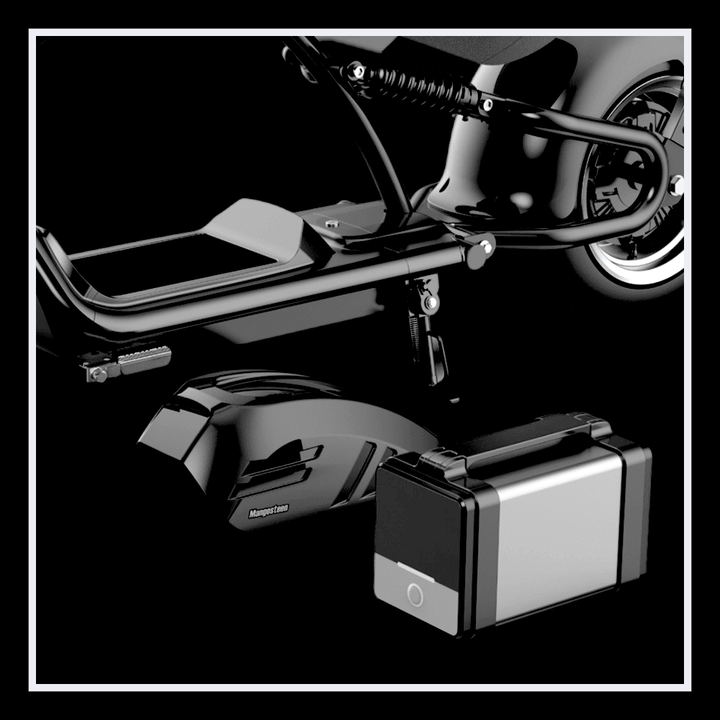 INTHEZONE M1PS electric motorcycle battery and components displayed in black and silver.