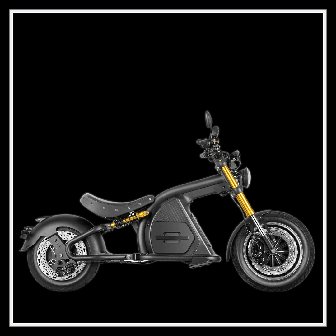 INTHEZONE M8S electric motorcycle with sleek design and black finish, showcasing chopper style and modern features.