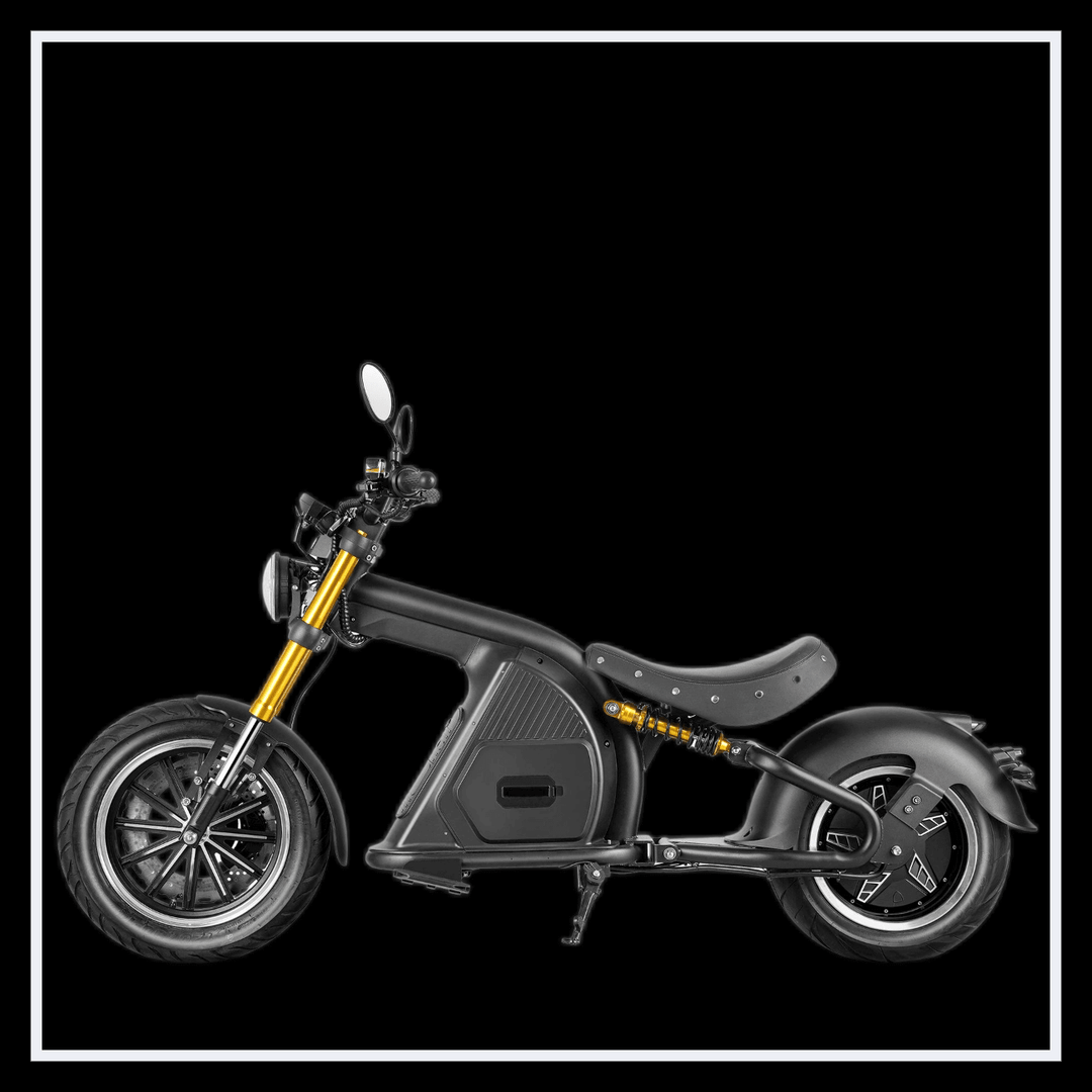 INTHEZONE M8S electric motorcycle side view with black design and gold accents on a black background.
