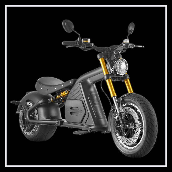 INTHEZONE M8S electric motorcycle showcasing a chopper-style design with gold accents and black matte finish.