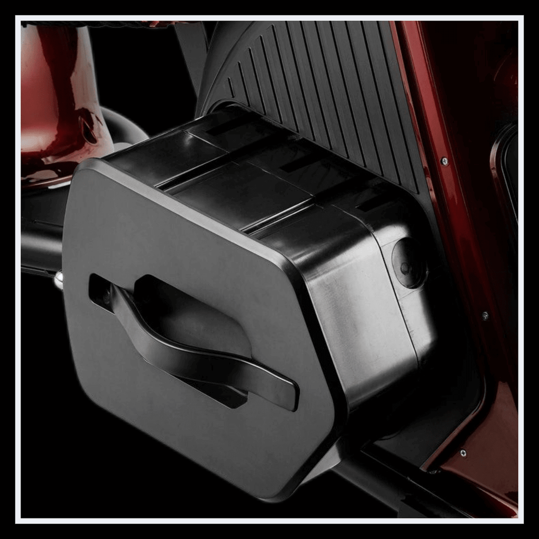 Close-up view of the battery compartment of the INTHEZONE M8S electric motorcycle.