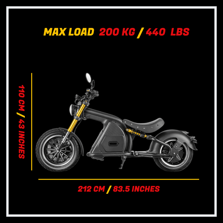 INTHEZONE M8S electric motorcycle specifications including max load and dimensions.