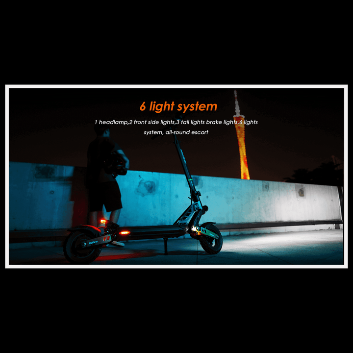 KUKIRIN G2 MAX electric scooter featuring a 6 light system with headlamp, front side lights, and tail lights for safety.