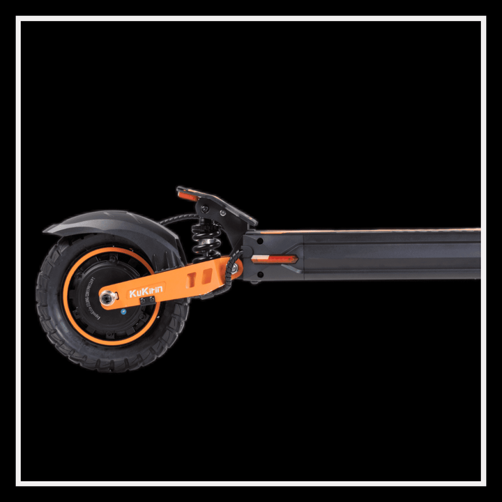 KUKIRIN G2 MAX electric scooter side view showcasing the rear wheel and suspension system.