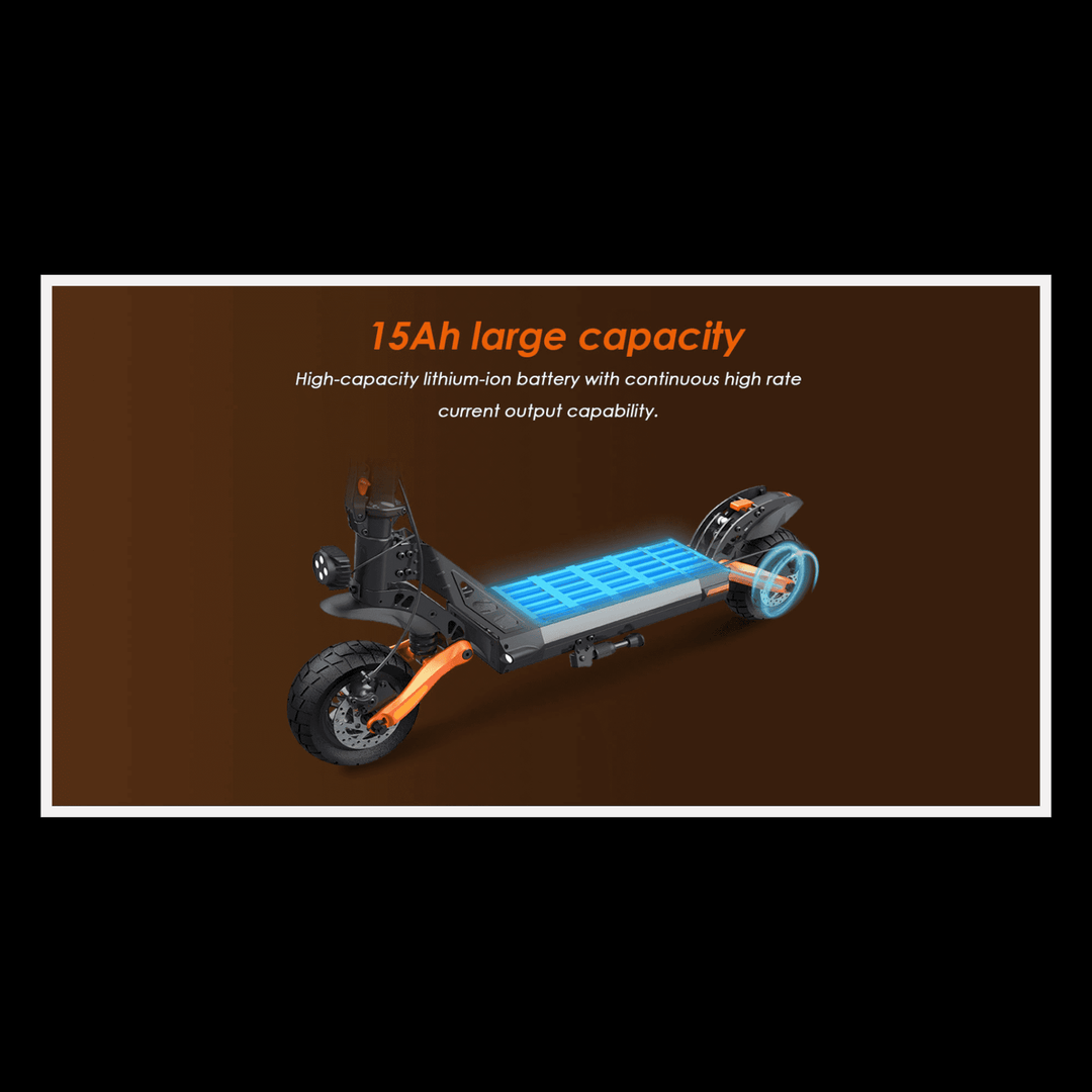 KUKIRIN G2 Pro electric scooter showcasing 15Ah large capacity battery with high rate output capability.